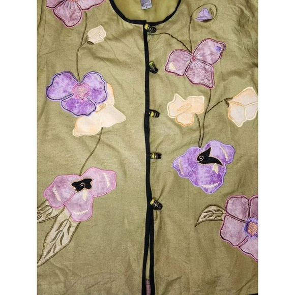 Vintage QVC Indigo Moon Green Embroidered Floral Art Jacket Toggle Buttons Large - Picture 5 of 8